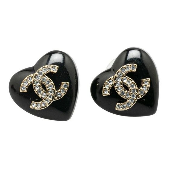 CHANEL CC Logos Black Heart Rhinestone Stud Earrings Gold Tone B22B Auth - Picture 1 of 3